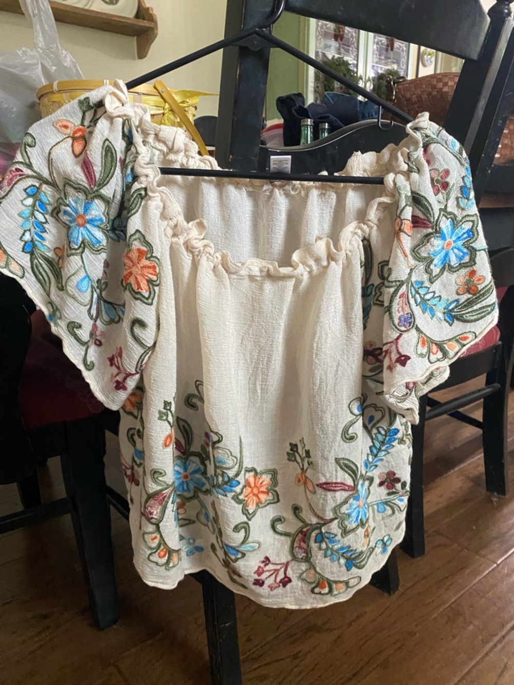 Embroidered Off-Shoulder Peasant Top in Cream